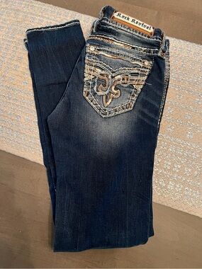 Rock Revival Dark Blue Skinny Jeans with Embroidered Pockets
